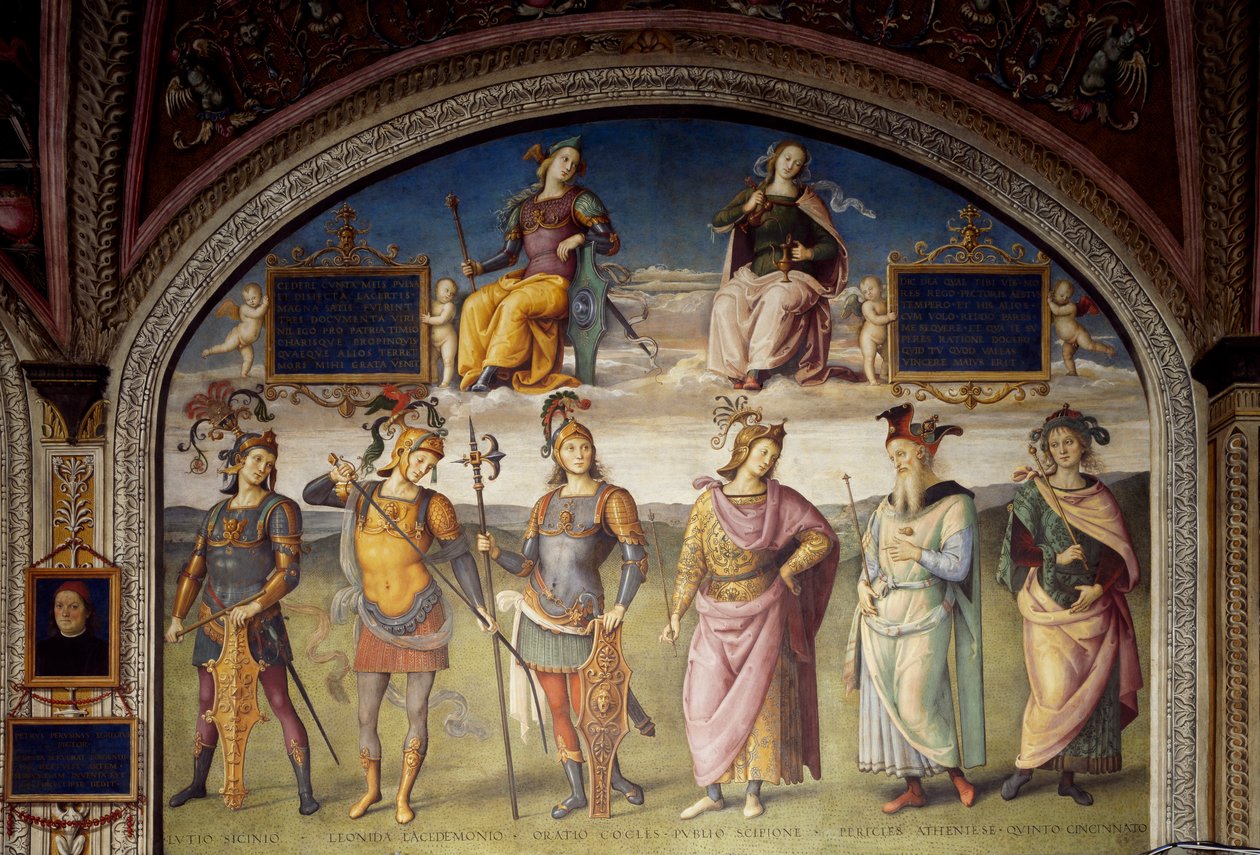 Alegorias de Fortitude e Temperança com Seis Heróis Antigos de Pietro Perugino