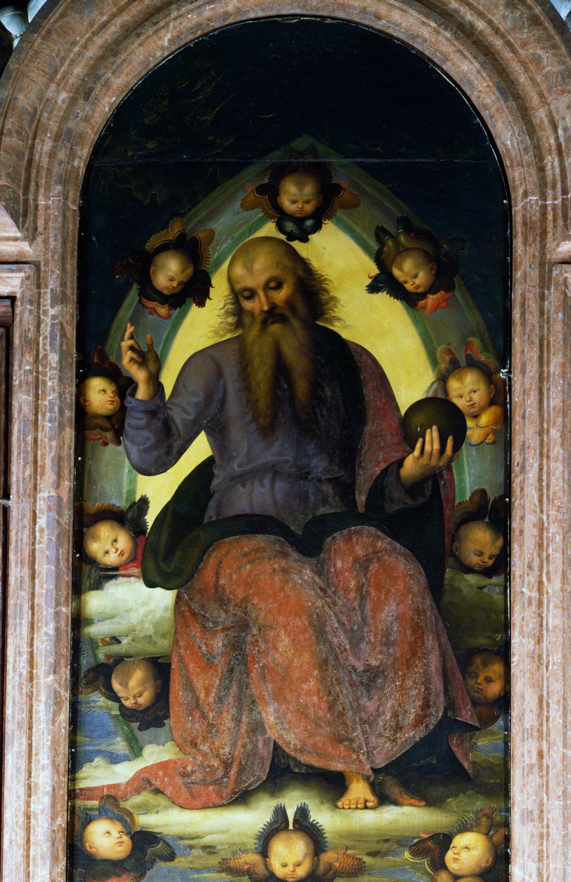 Deus Pai Bênção, detalhe do Políptico da Certosa de Pavia de Pietro Perugino