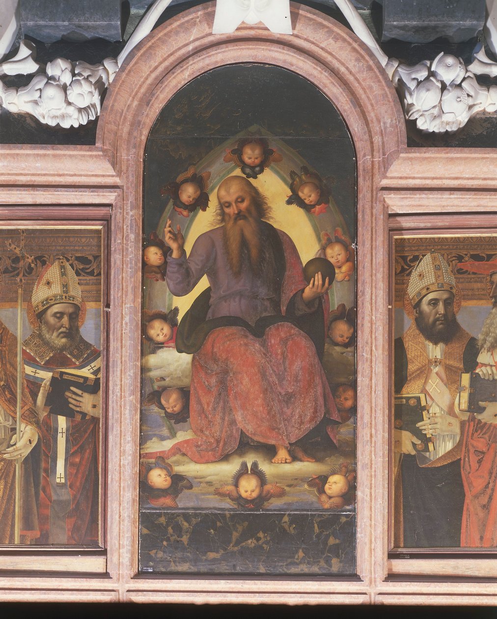 Itália, Lombardia, Pavia Charterhouse (Certosa), segunda capela à esquerda, políptico com Pai Eterno Beneditino de Pietro Vannucci ou Perugino de Pietro Perugino
