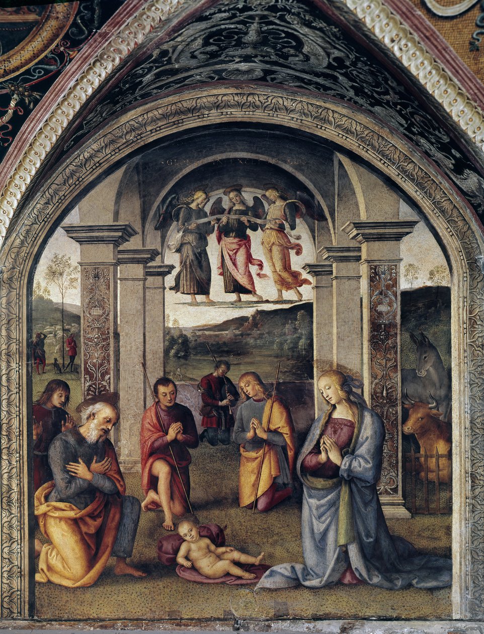 La Nativite (Natividade) Fresco de Pietro Vannucci dit il Perugino (Perugin) (1448-1523) 1498 Dim 264x225 cm Perugia Collegio del Cambio de Pietro Perugino
