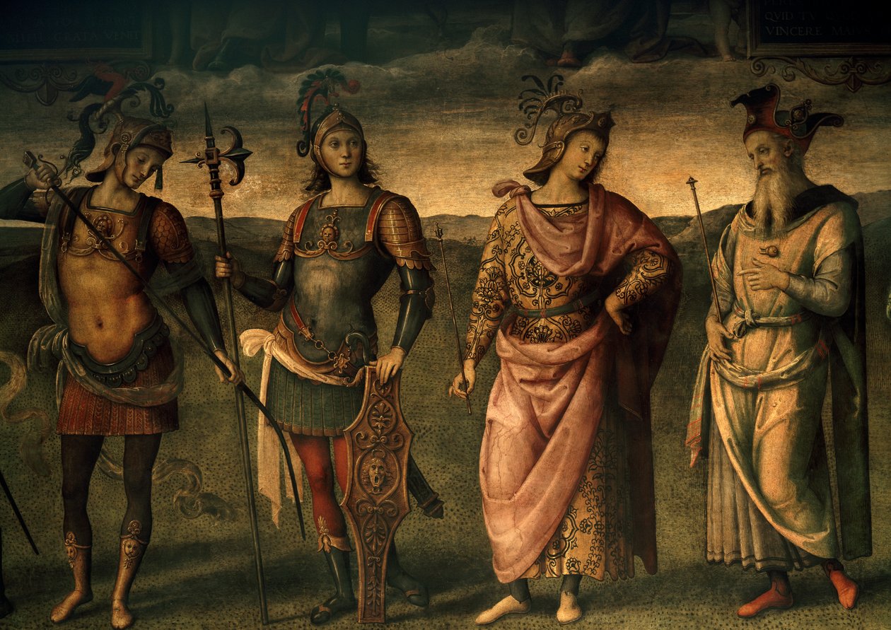 Leonidas Lacedaemonian, Horatius Cocles, Publius Scipio, Péricles de Atenas, Alegorias de Fortitude e Temperança com Seis Heróis Antigos de Pietro Perugino