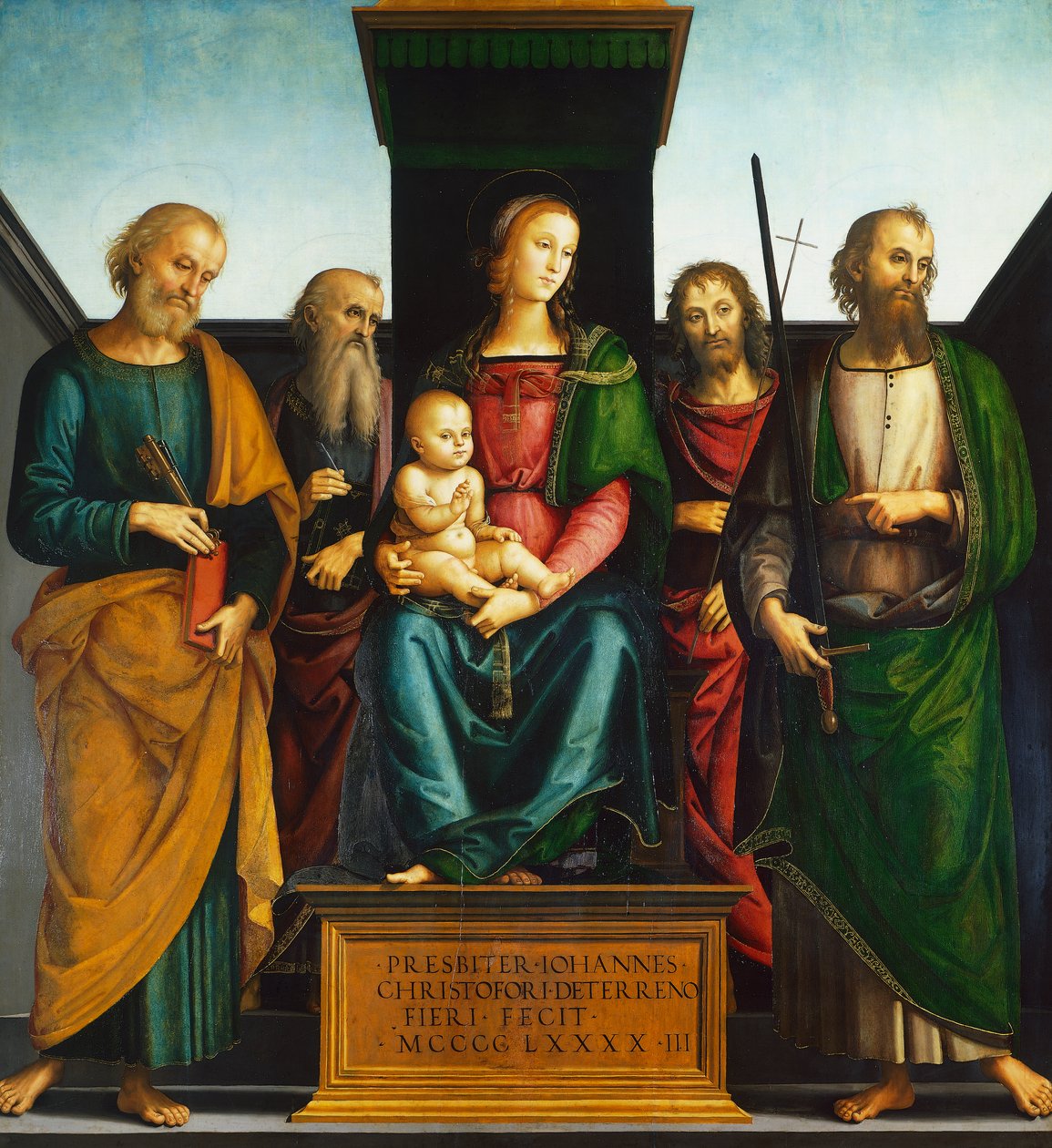 Madonna e Criança no trono com os Santos João Batista, Pedro, Paulo e João Evangelista, de Pietro Perugino (ca. 1450-1523) de Pietro Perugino