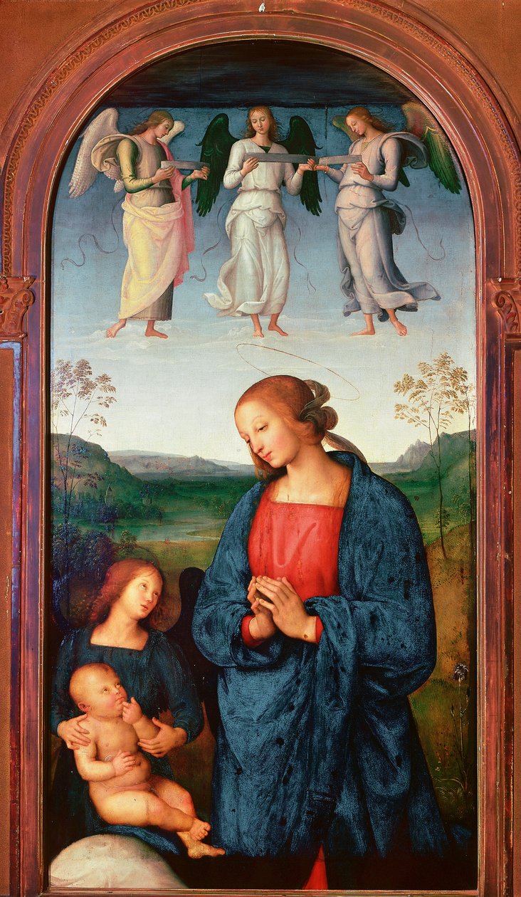 Políptico da Chartreuse de Pavia: "Madonna has the Child and three angels" Pintura de Pietro Vannucci dit il Perugino (O Perugin de Pietro Perugino