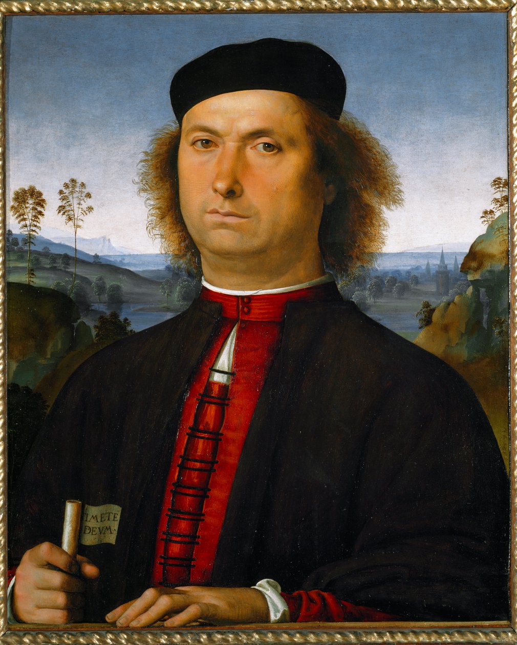Retrato de Francesco delle Operere. Ele segura um pergaminho com a expressão "Timete deum" (Teme a Deus). de Pietro Perugino