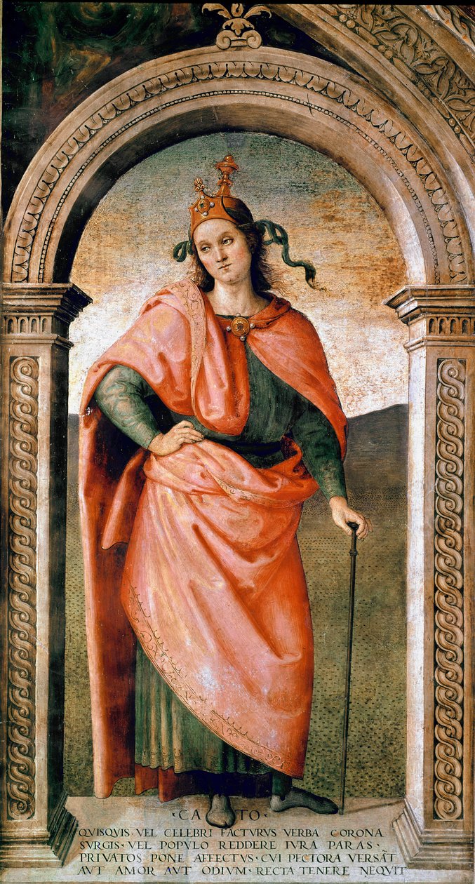Representação de Caton the Censor (234-149 AC), político romano Fresco por Pietro Vannucci dit il Perugino (Perugin) (1445/1450-1523) 1497 aproximadamente. Sol. 214x123 cm Perugia (Perugia), Collegio del Cambio de Pietro Perugino
