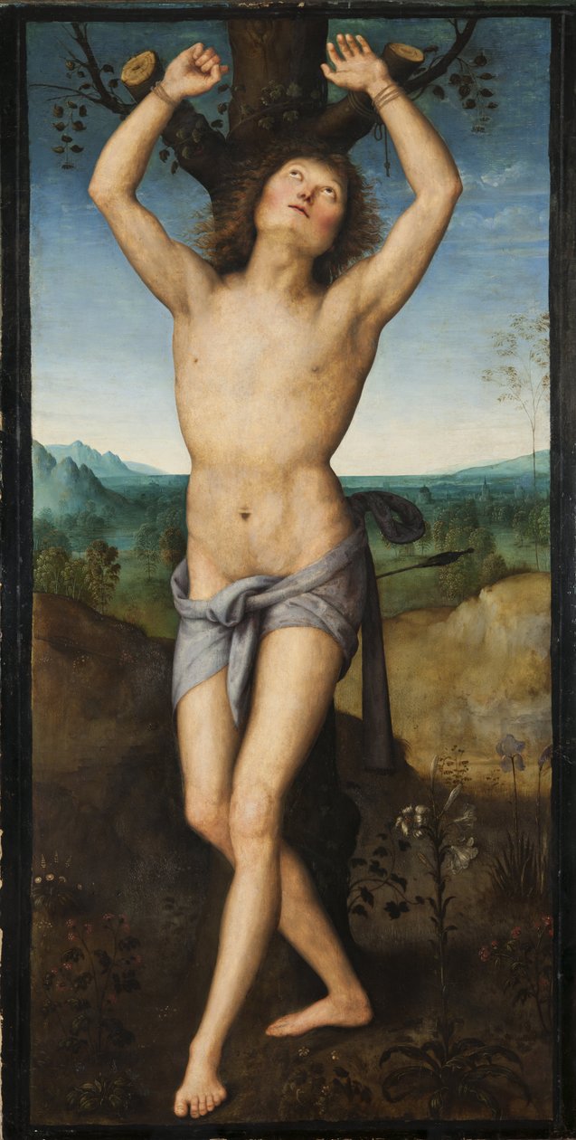 São Sebastião - São Sebastião, de Perugino (c. 1450-1523). Óleo sobre madeira. Tamanho: 174x88 cm. Nationalmuseum Estocolmo de Pietro Perugino