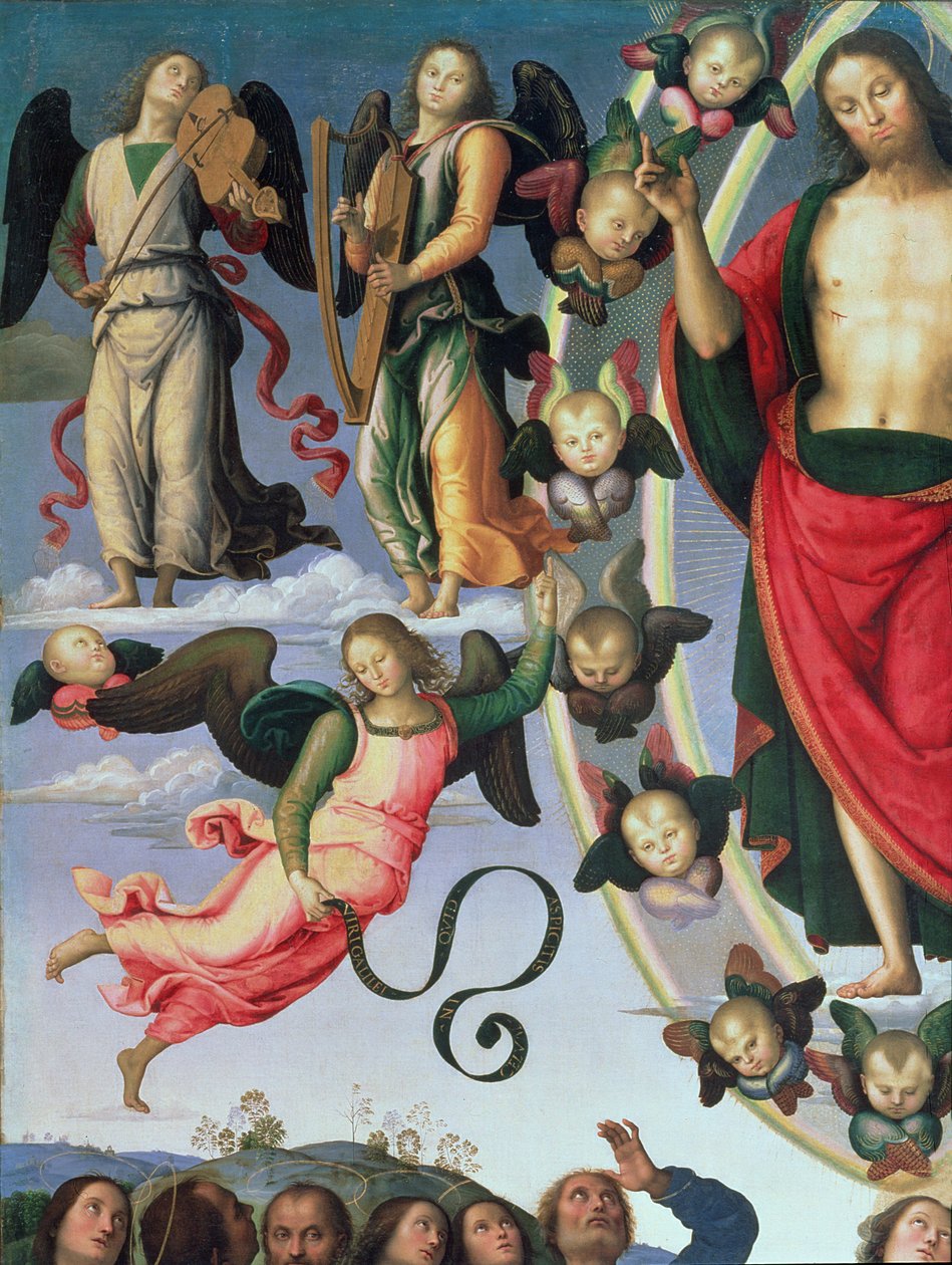 A ascensão de Cristo, detalhe de Cristo e músico anjos, seção superior direita, 1495-98 óleo no detalhe do painel de 89700 de Pietro Perugino