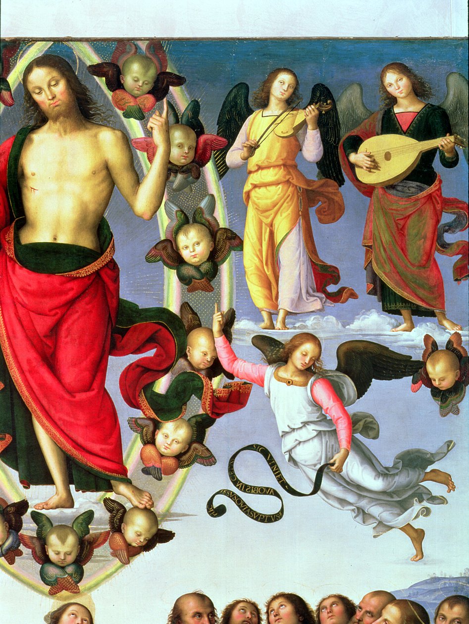 A ascensão de Cristo, detalhe de Cristo e músico anjos, seção superior direita, 1495-98 óleo no detalhe do painel de 89700 de Pietro Perugino