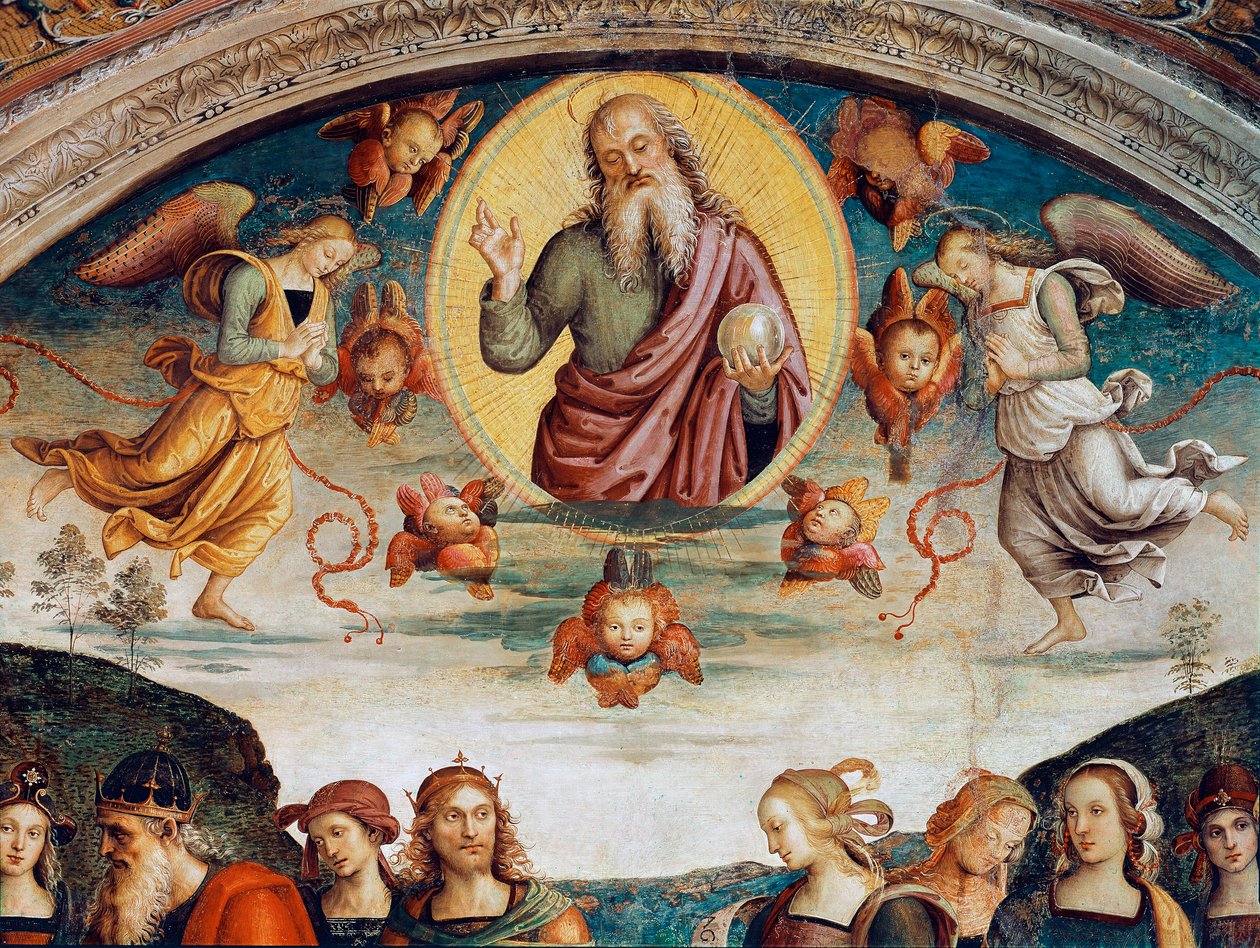 O Senhor rodeia com profecias e detalhes de sibilos representando o Senhor Todo-Poderoso. Fresco por Pietro Vannucci dit il Perugino (Perugin) (1448-1523) 1500 Dim. 229x370 cm Perugia, Collegio del Cambio de Pietro Perugino