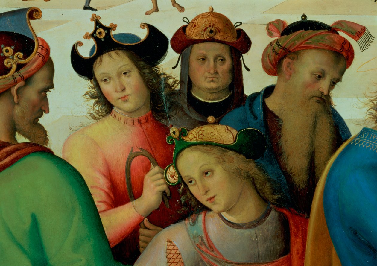 O Casamento da Virgem, detalhe dos pretendentes, 1500-04 óleo no detalhe do painel de 53750 de Pietro Perugino