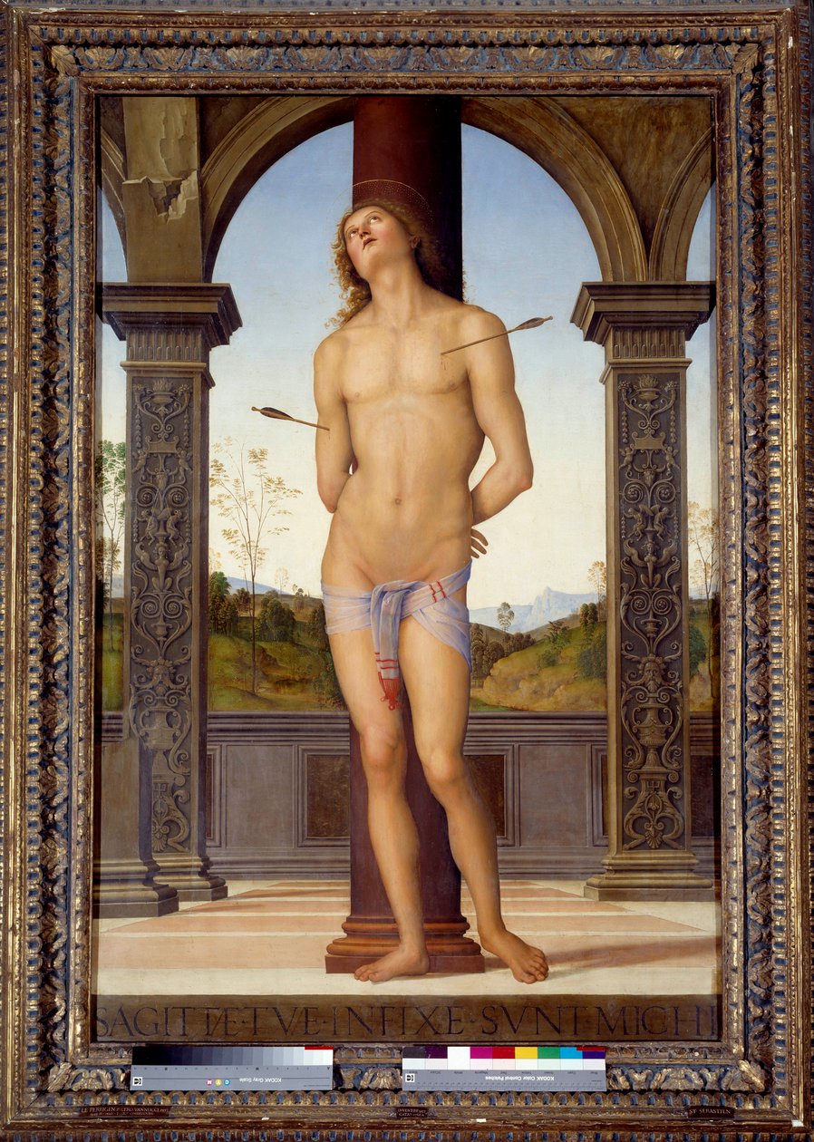 O Martírio de San Sebastián Pintura de Pietro di Cristoforo Vannucci (Le Perugin ou Il Perugino) (1446-1523) Sol do século XVI. 1,76x1,16 m - O Martírio de São Sebastião (ou São Sebastião). Pintura de Pietro di Cristoforo Vannucci (Le Perugino ou Le Perugi de Pietro Perugino