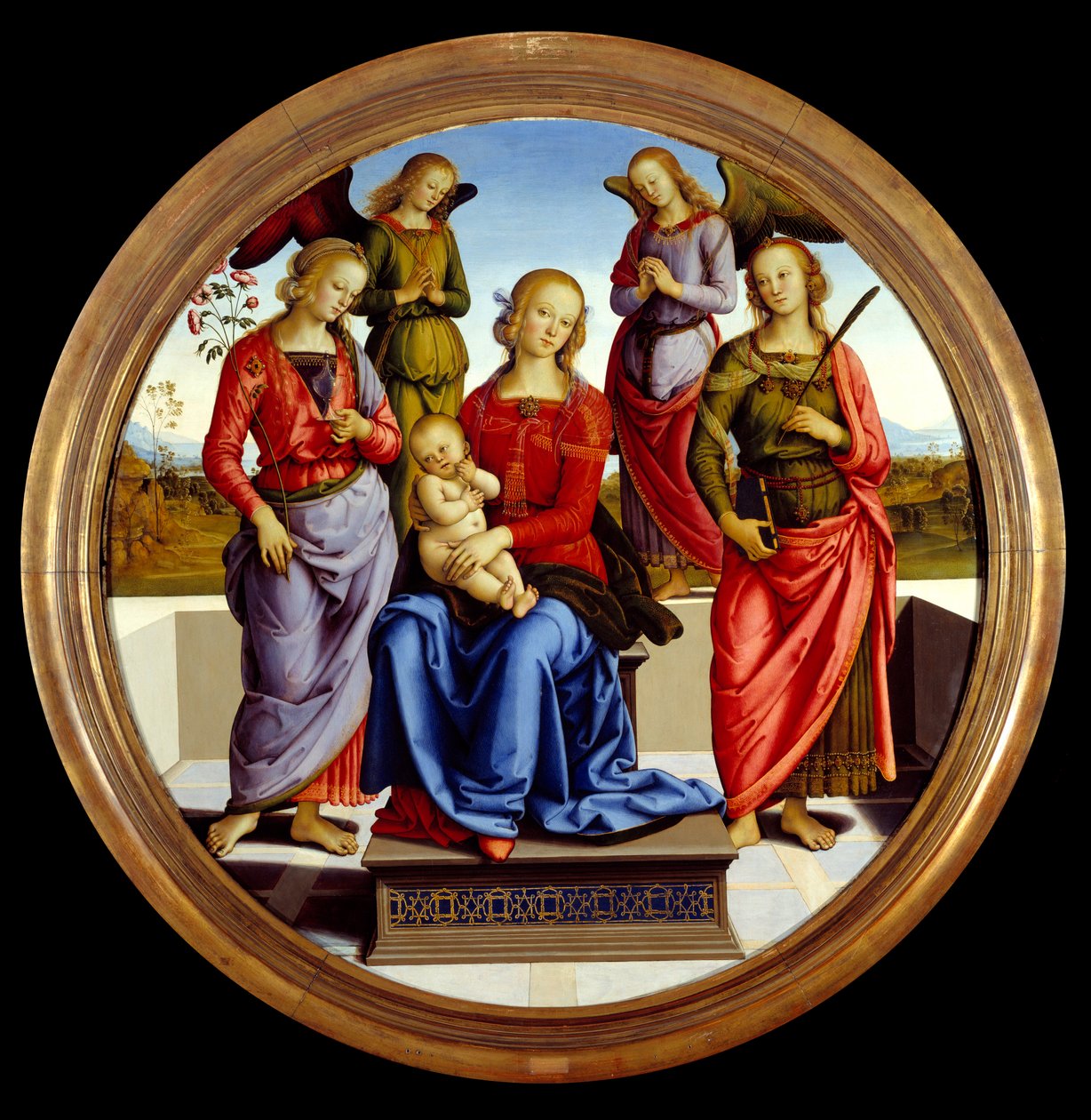 A Virgem e a criança rodeadas por dois anjos, Santa Rosa e Santa Catarina. Pintura de Pietro Vannucci dit il Perugino (O Perugin de Pietro Perugino