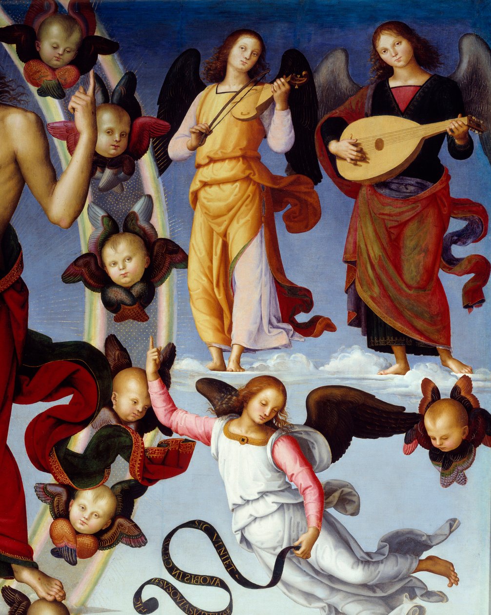 A ascensão de Cristo Detalhe representando os anjos musicais. Pintura de Pietro Vannucci dit Il Perugino (The Perugin) (1450-1523) 1496 Lyon, Museum of Fine Arts de Pietro Perugino