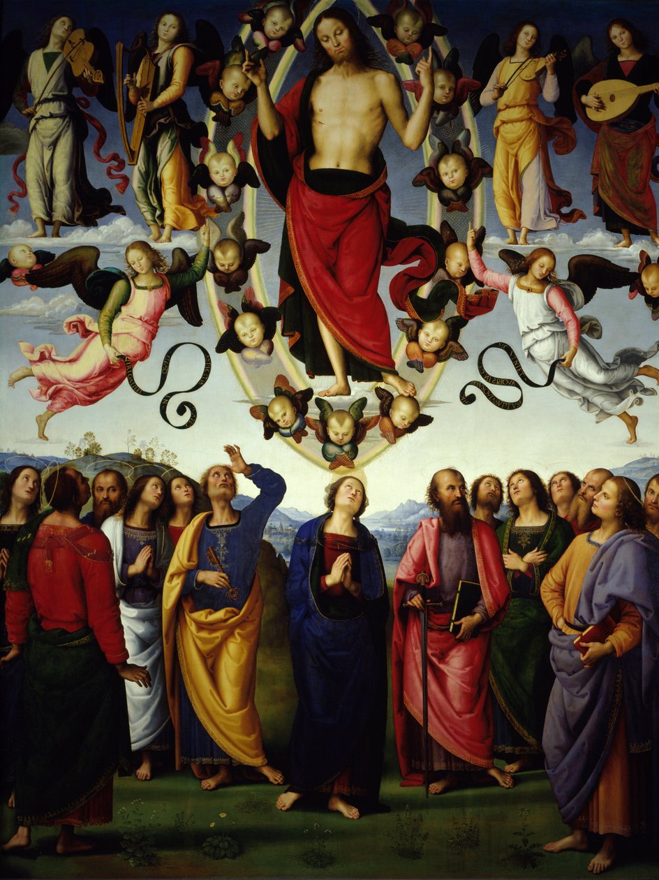 A ascensão de Cristo Jesus Cristo é representada em uma mandorla. Detalhe. Quadro de Pietro Vannucci dit Il Perugino de Pietro Perugino