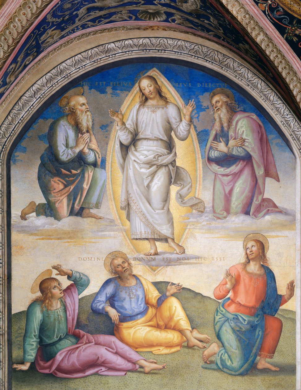 A transfiguração: Cristo vestido de branco é rodeado por Moisés e Elias, abaixo do apóstolo João, Pedro e Tiago de Pietro Perugino