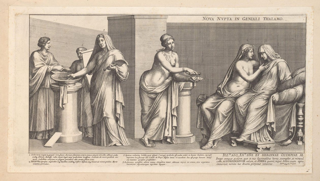 Casamento Aldobrandiniano (parte esquerda) Nova nupta in geniali thalamo (título no objeto) de Pietro Sante Bartoli