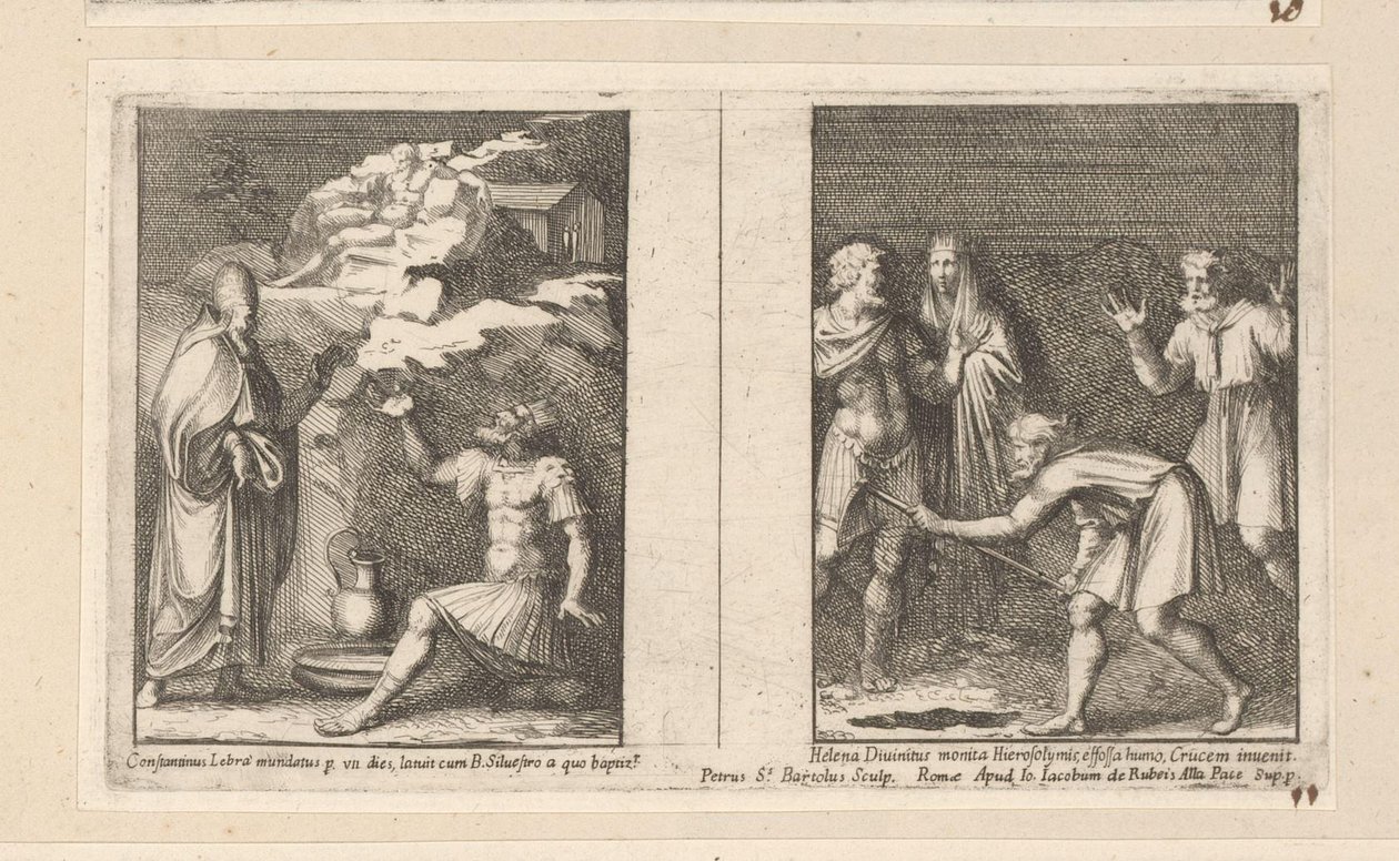 Papa Silvestre cura Constantino e Santa Helena encontra a verdadeira cruz Constantinus Lebra mundatus p un dies latuit cum B. Silvestro a quo baptiz (...) (título no objeto) História do Imperador Constantino (título da série) de Pietro Sante Bartoli