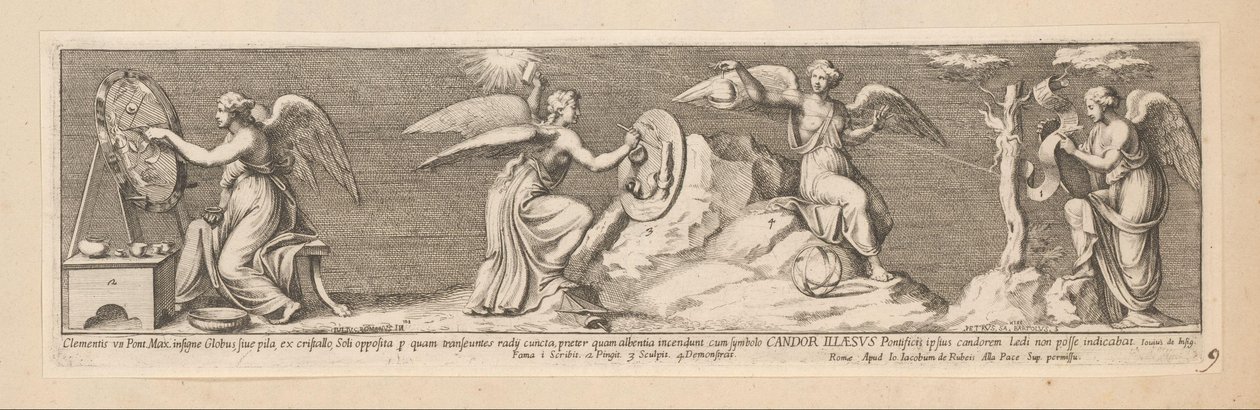 Quatro anjos Clemente VII Ponto Máx. uma notável bola, ou bola, de cristal, oposta ao Sol, à medida que passam todos os raios (...) (título sobre objeto) Geschiedenis van keizer Constantijn (título da série) de Pietro Sante Bartoli