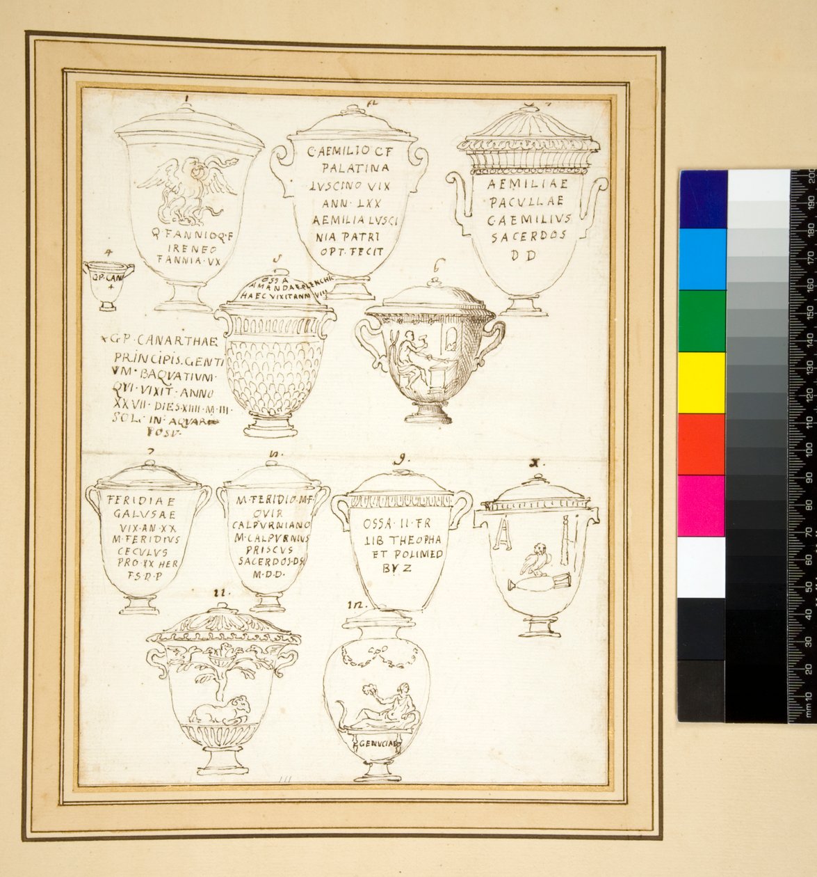 12 urna sepulcral de mármore com tampas. (caneta) de Pietro Santi Bartoli
