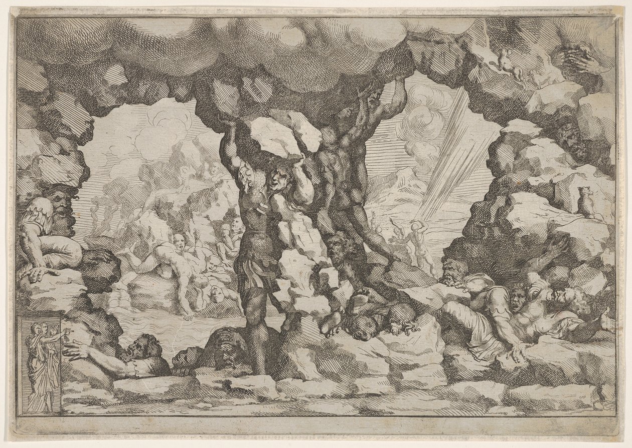 Um gigante levantando uma pedra no centro, outros gigantes para a esquerda e direita lutando e rec ..., ca. 1680 de Pietro Santi Bartoli