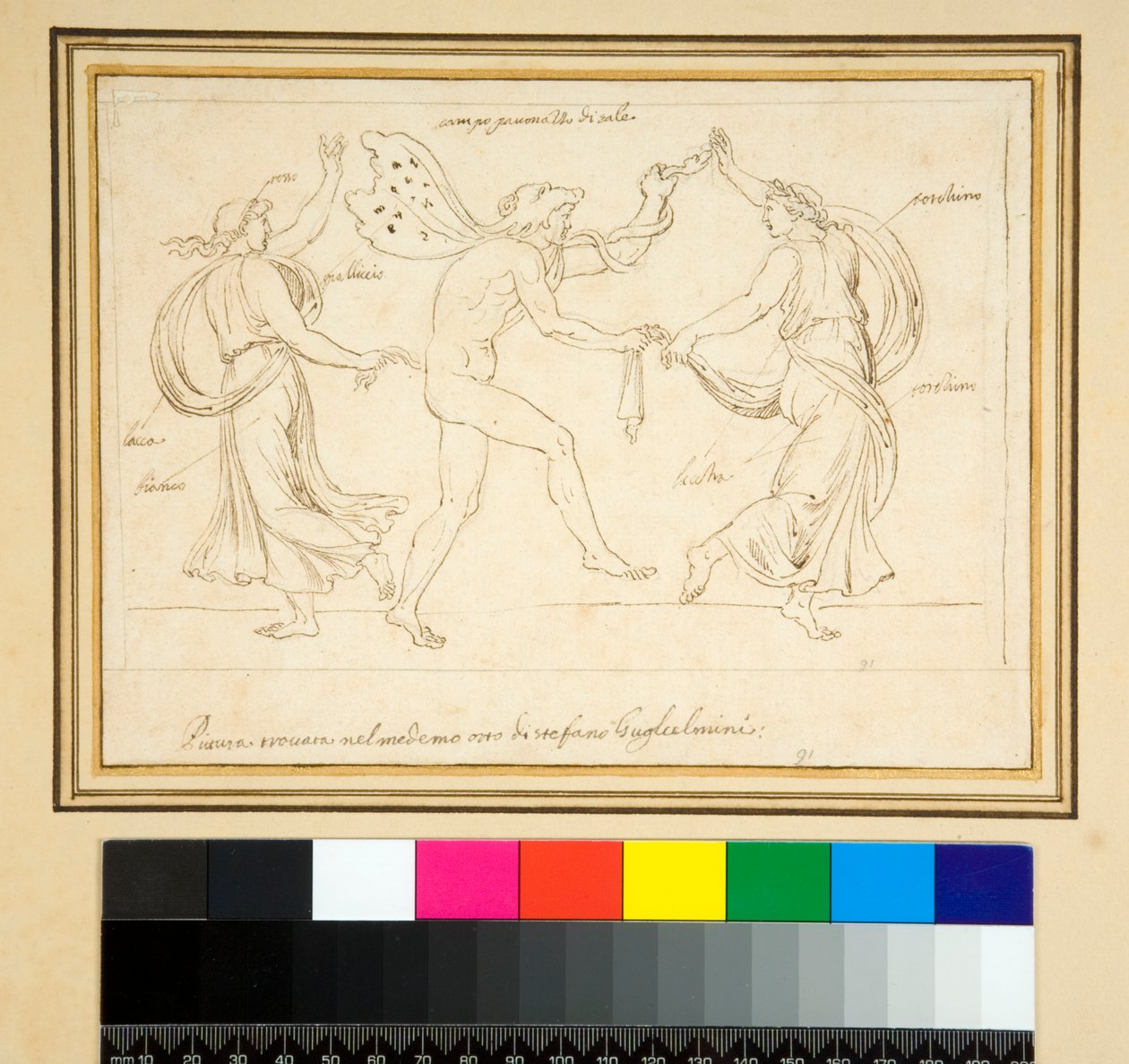 Um satyr e duas mulheres dançando (lápis) de Pietro Santi Bartoli