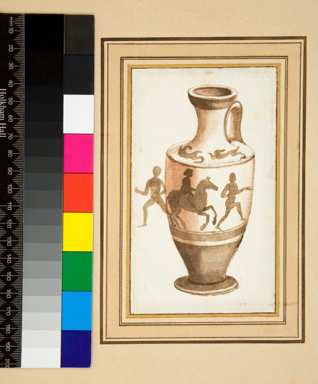 Um Oinochoe (giz preto, alguns com caneta e tinta castanha. cor com aguarela) de Pietro Santi Bartoli