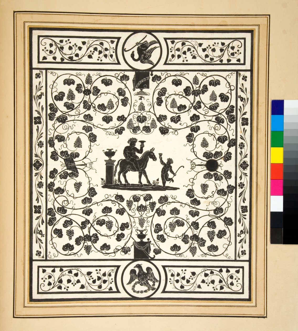 Cópia de um pavimento em mosaico, preto e branco, piso de Baco do Palazzo di Augusto de Pietro Santi Bartoli