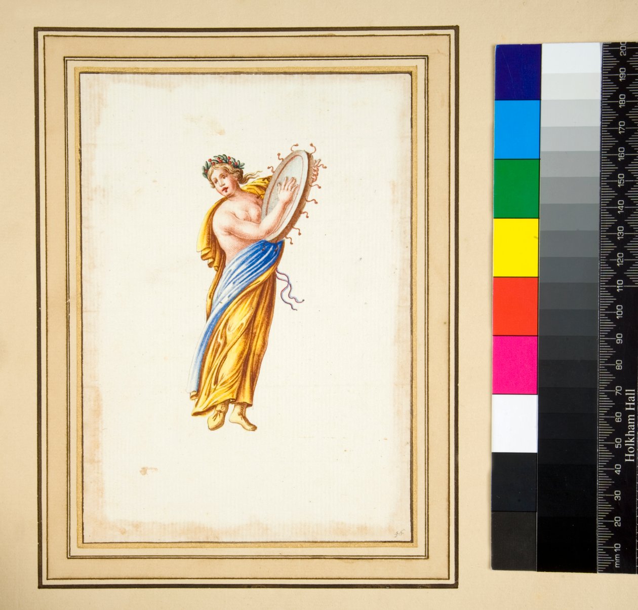 Figura drapeada batendo num tambor (giz preto, alguns com caneta e tinta marrom. cor com aquarela) de Pietro Santi Bartoli