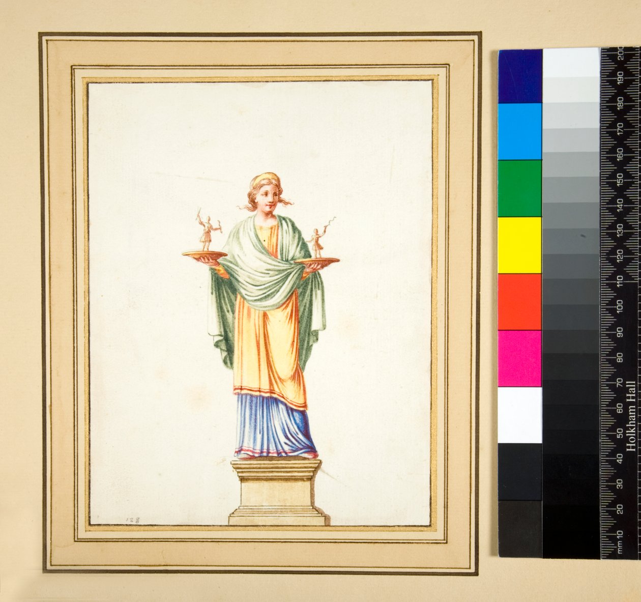 Figura feminina sobre pedestal (giz preto, alguns com caneta e tinta marrom. cor com aquarela) de Pietro Santi Bartoli