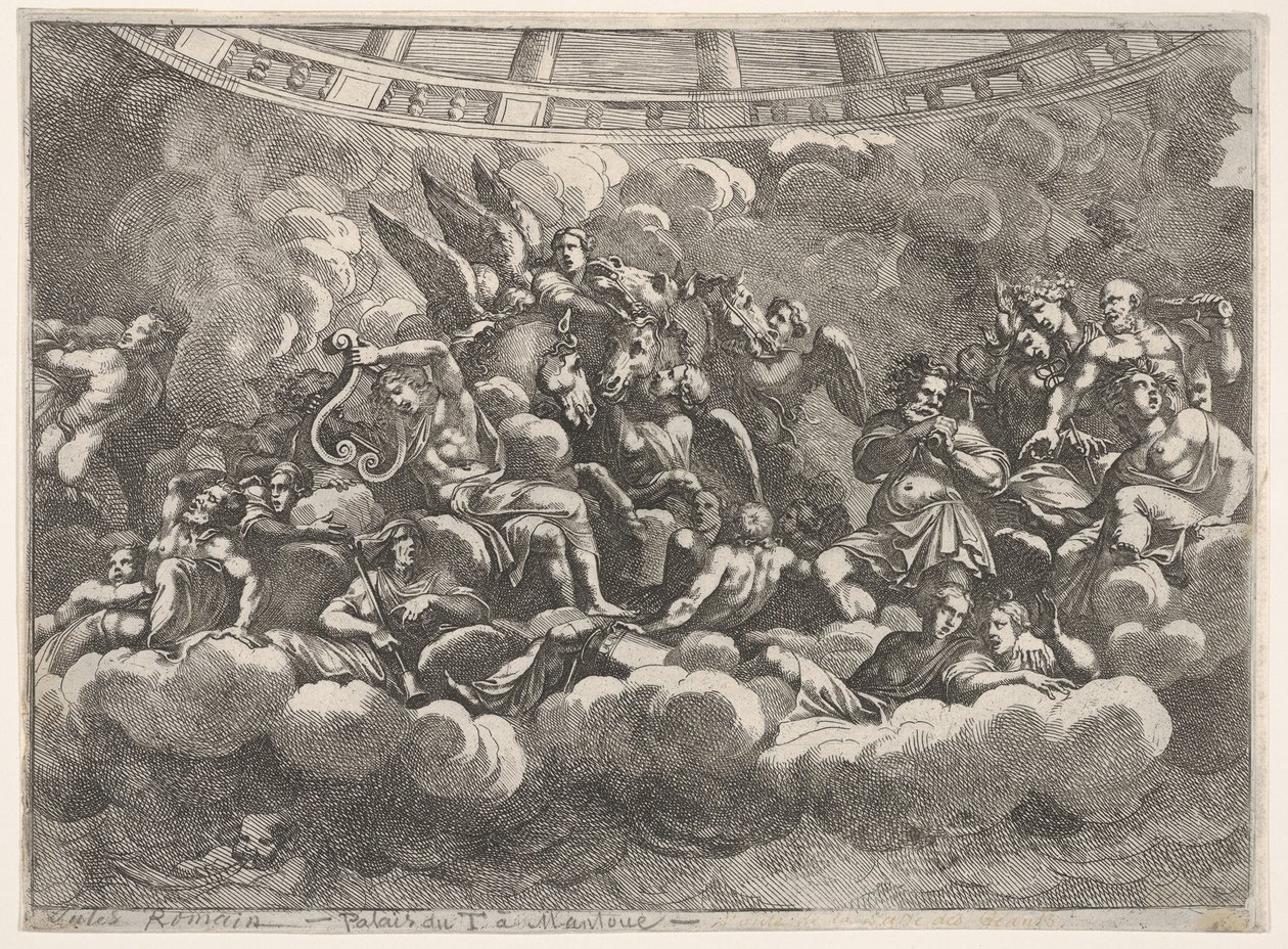 Encontro de vários deuses olímpicos e figuras mitológicas entre nuvens, Apolo na ce ..., ca. 1680 de Pietro Santi Bartoli