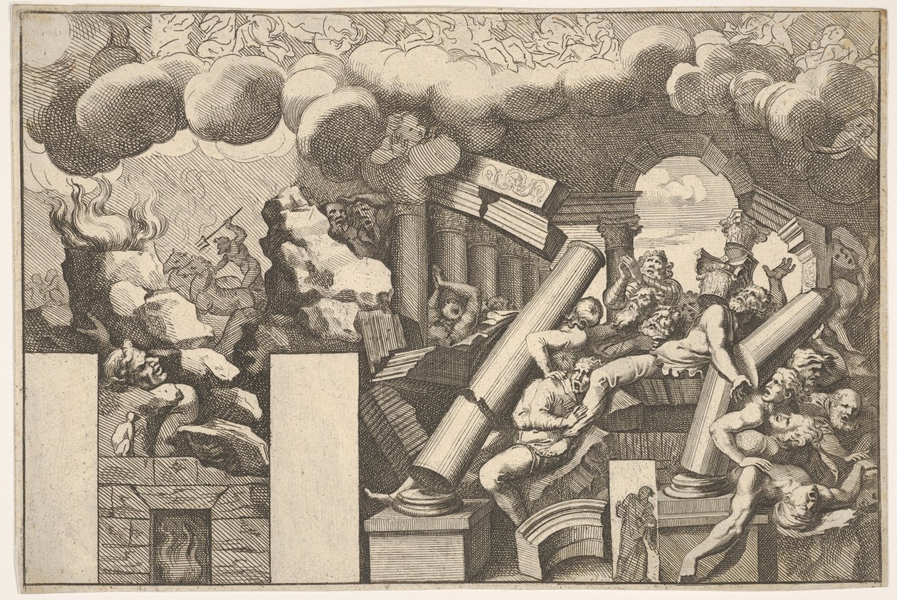 Gigantes esmagados por pedras e as colunas que caem do templo, nuvens de fumaça acima ..., ca. 1680 de Pietro Santi Bartoli