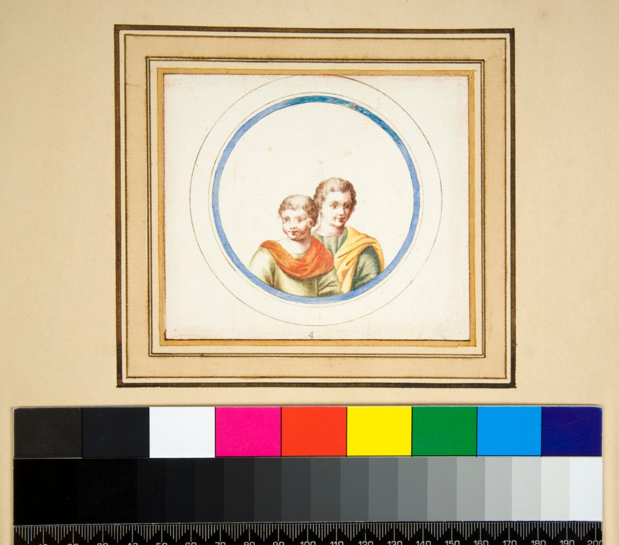 Marido e mulher (bustos) em círculo central (giz preto, alguns com caneta e tinta marrom. cor com aquarela) de Pietro Santi Bartoli