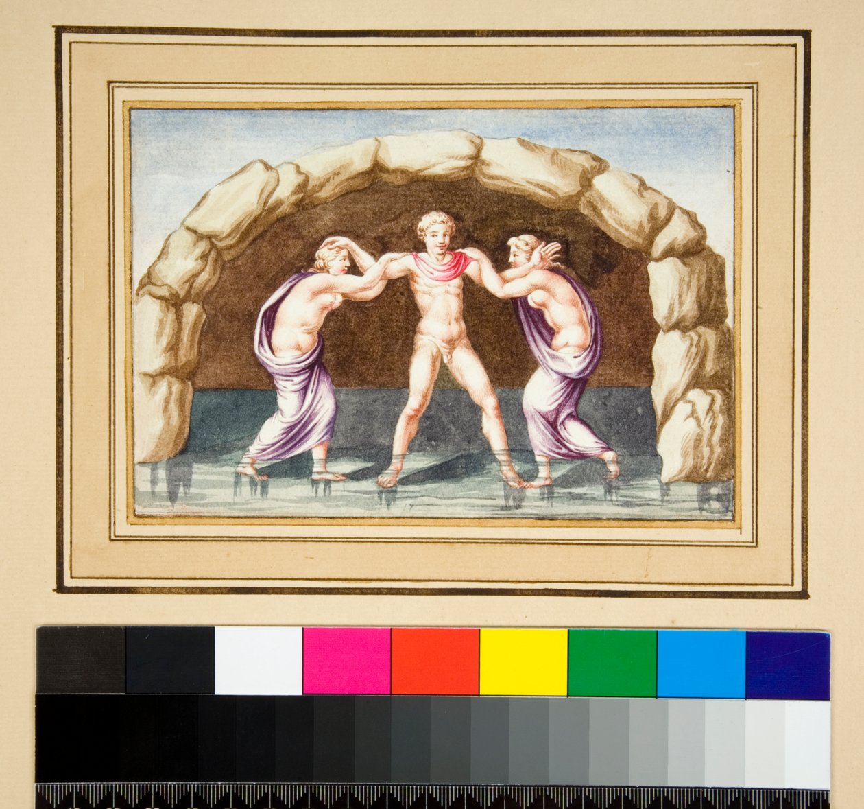 Hylas e as ninfas (giz preto, algumas com caneta e tinta castanha. cor com aguarela) de Pietro Santi Bartoli