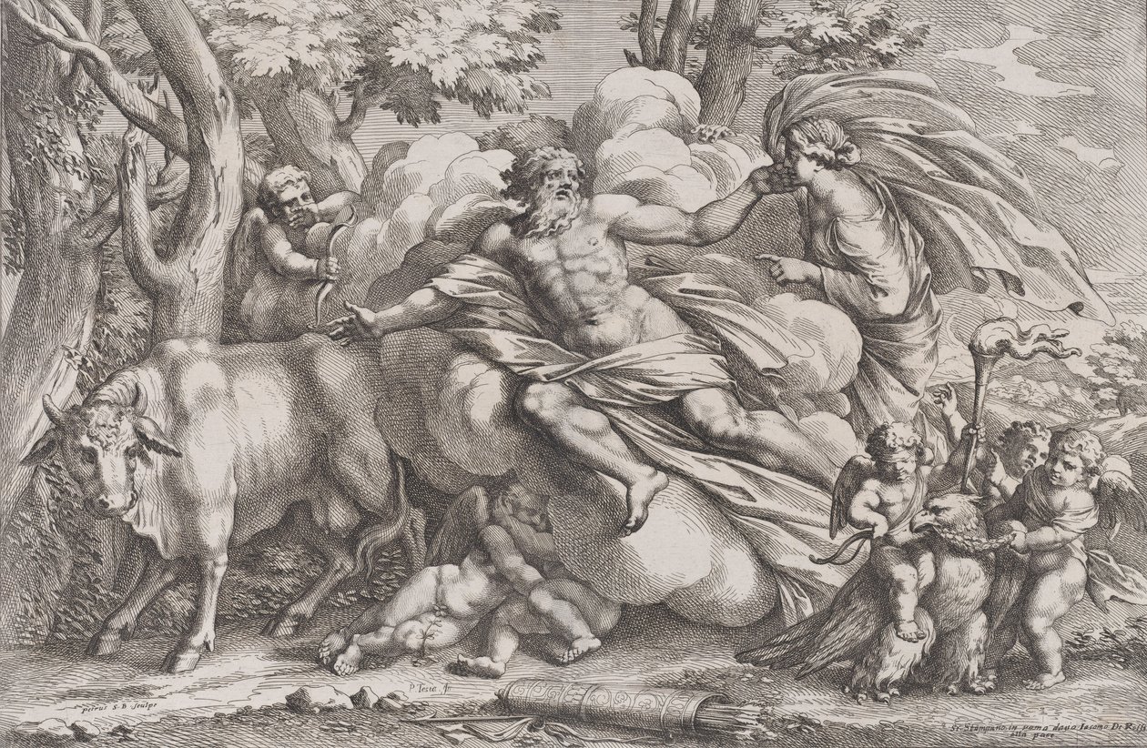 Io à esquerda como uma vaca, Júpiter em uma nuvem no centro e Juno à direita com pu..., 1650-90. de Pietro Santi Bartoli
