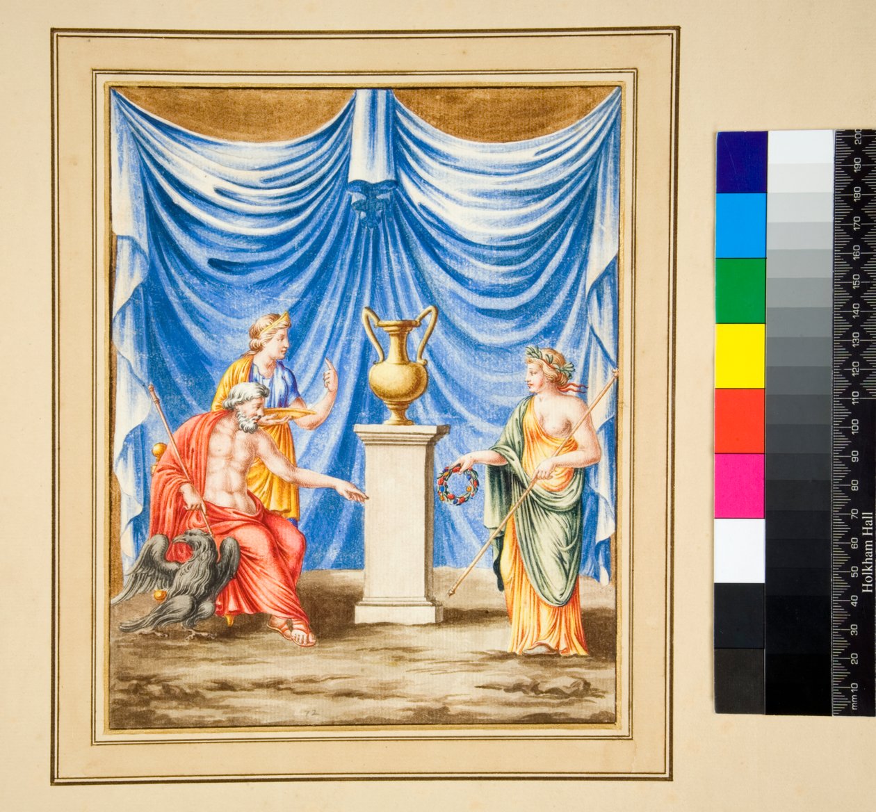 Júpiter sentado à esquerda com uma águia e uma figura feminina (giz preto, alguns com caneta e tinta marrom. Colorido com aquarela) de Pietro Santi Bartoli