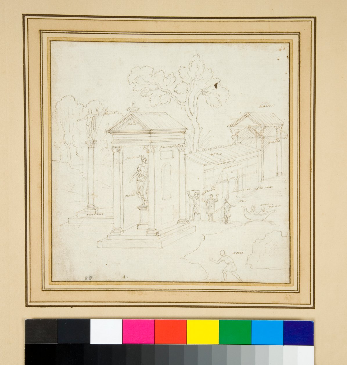 Pintura paisagística com arquitetura (caneta e tinta) de Pietro Santi Bartoli