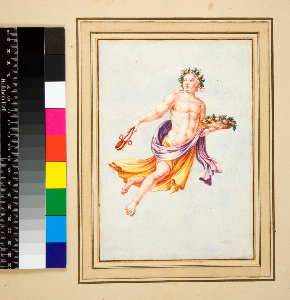 Figura masculina com guirlanda de folhas (giz preto, algumas com caneta e tinta marrom. Coloridas com aquarela) de Pietro Santi Bartoli
