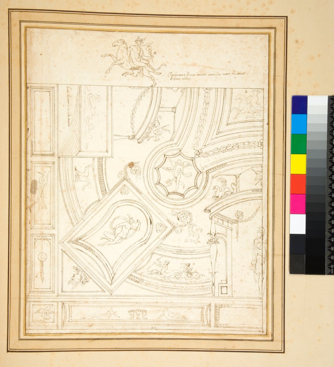 Ornamento de um antigo quarto todo de estuque de bassorileuo. (caneta) de Pietro Santi Bartoli