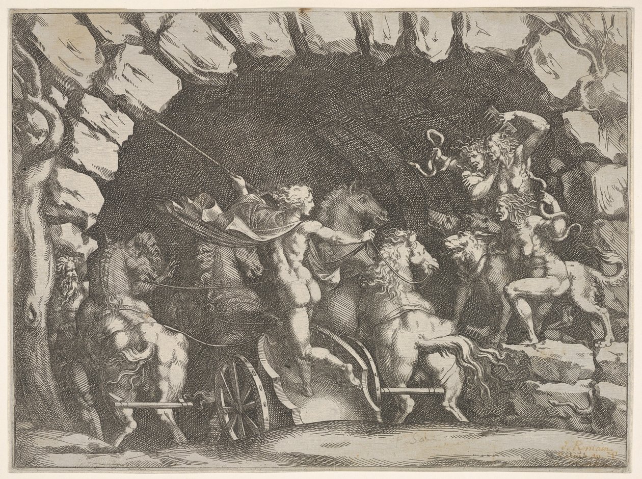 Plutão, visto por trás, entrando no Underwold em sua cadeira, Cereberus e três Fu ..., ca. 1680 de Pietro Santi Bartoli
