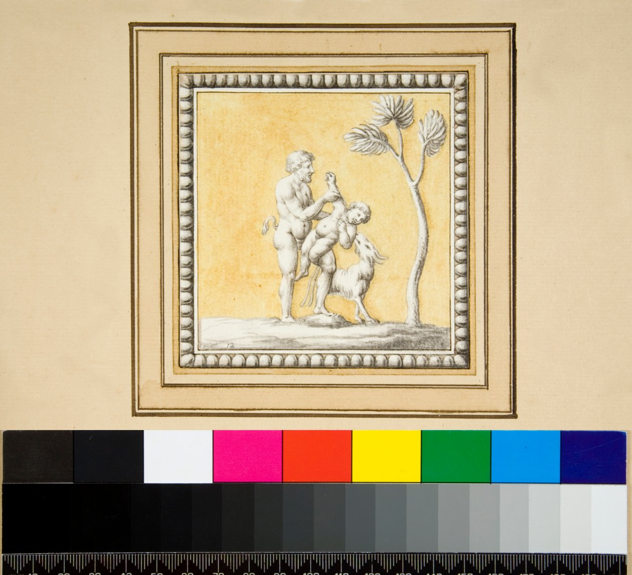 Três painéis de prata da frente de uma arca de madeira (giz preto, alguns com caneta e tinta marrom. cor com aquarela) de Pietro Santi Bartoli