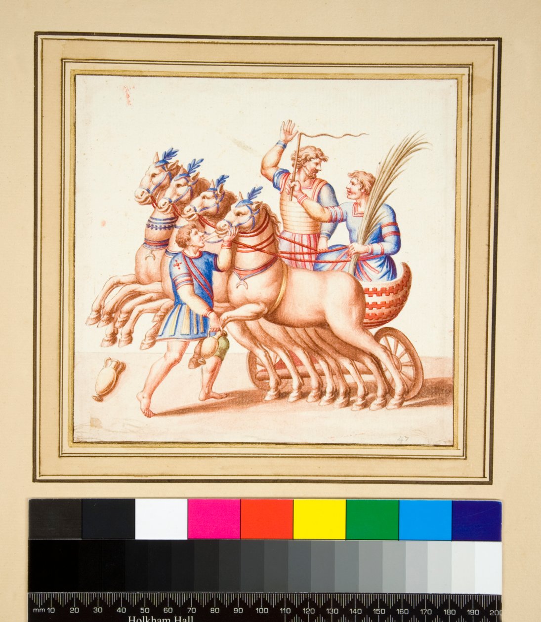Dois charioteers (giz preto, alguns com caneta e tinta castanha. cor com aguarela) de Pietro Santi Bartoli