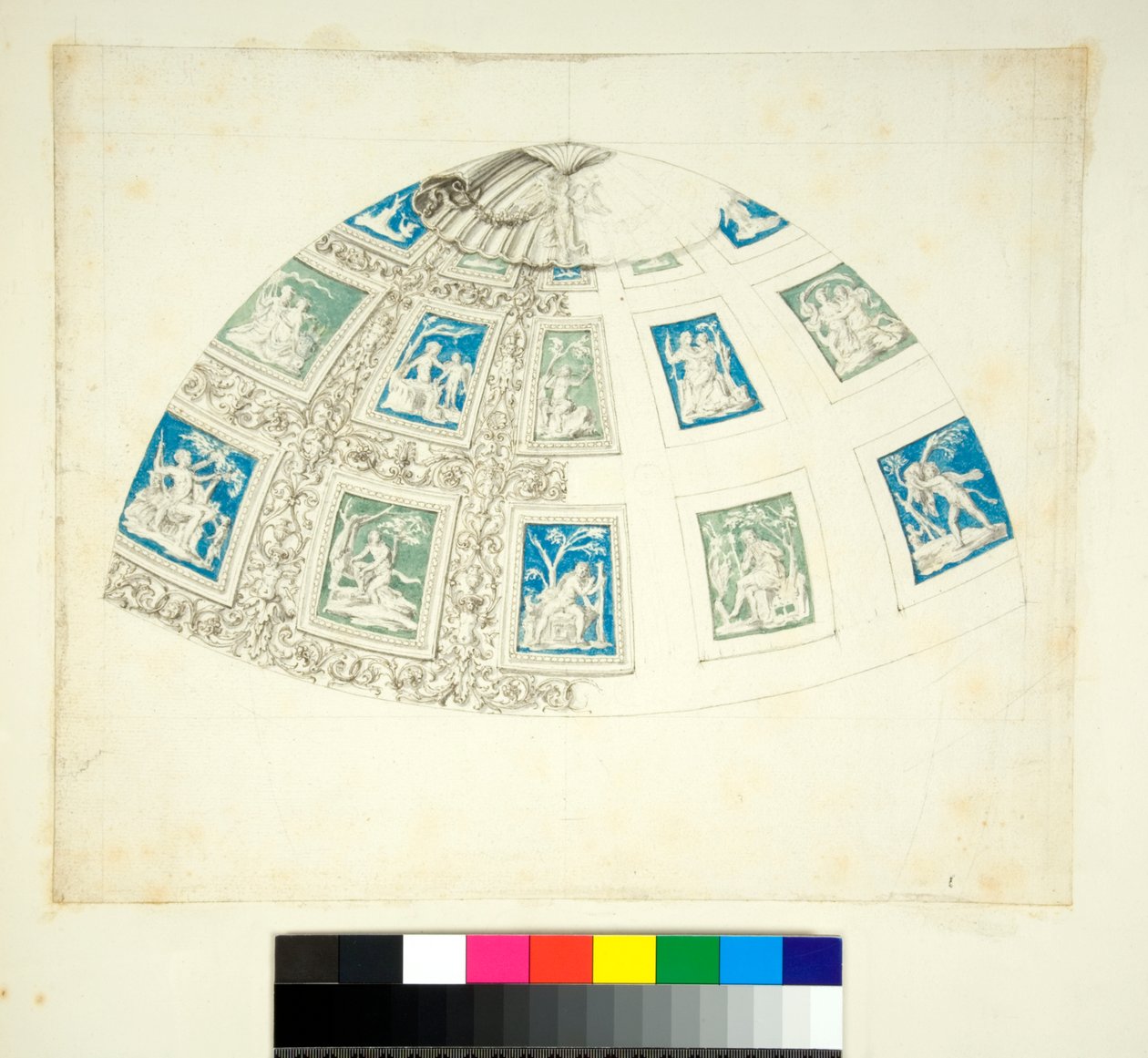 Abóbada da Villa Madama (giz preto, alguns com caneta e tinta castanha. cor com aguarela) de Pietro Santi Bartoli