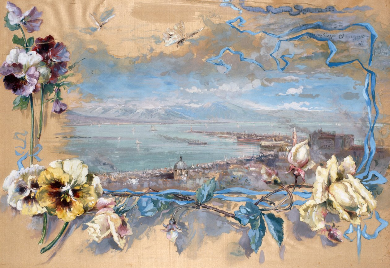Vista de Nápoles através de pantufas (pintura em seda) de Pietro Scoppetta