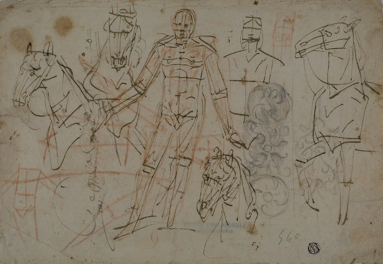 Esboços de homens, cavalos e design decorativo de Pietro Sorri