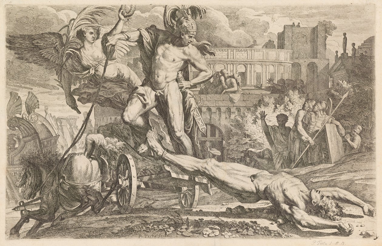 Aquiles arrastando o corpo de Hector em torno das paredes de Tróia de Pietro Testa
