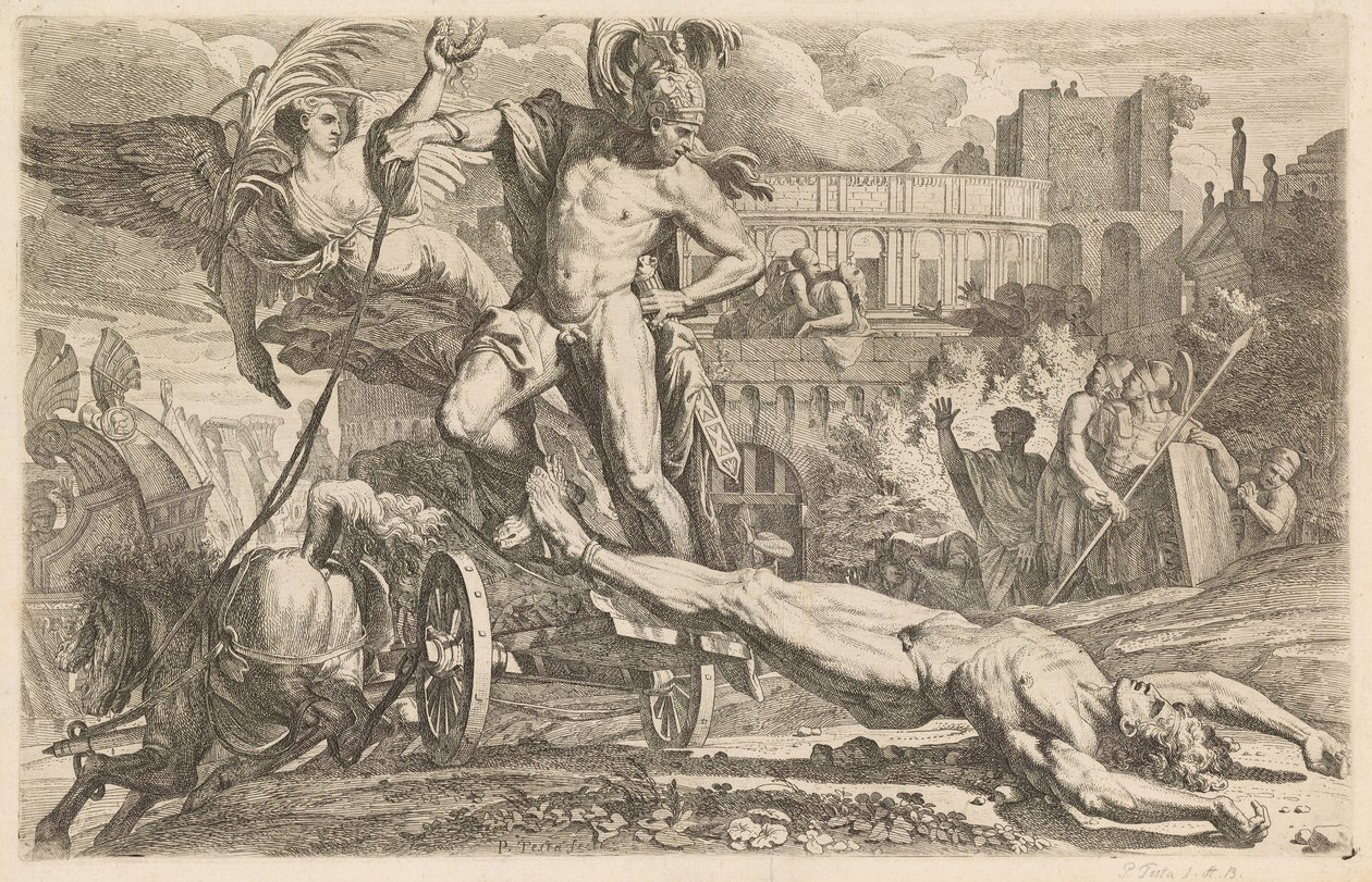 Aquiles arrastando o corpo de Heitor ao redor das muralhas de Troia de Pietro Testa