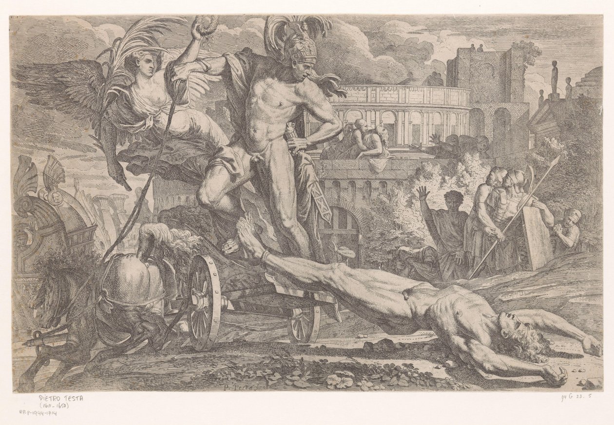 Aquiles com o cadáver de Heitor atrás de sua carruagem de Pietro Testa