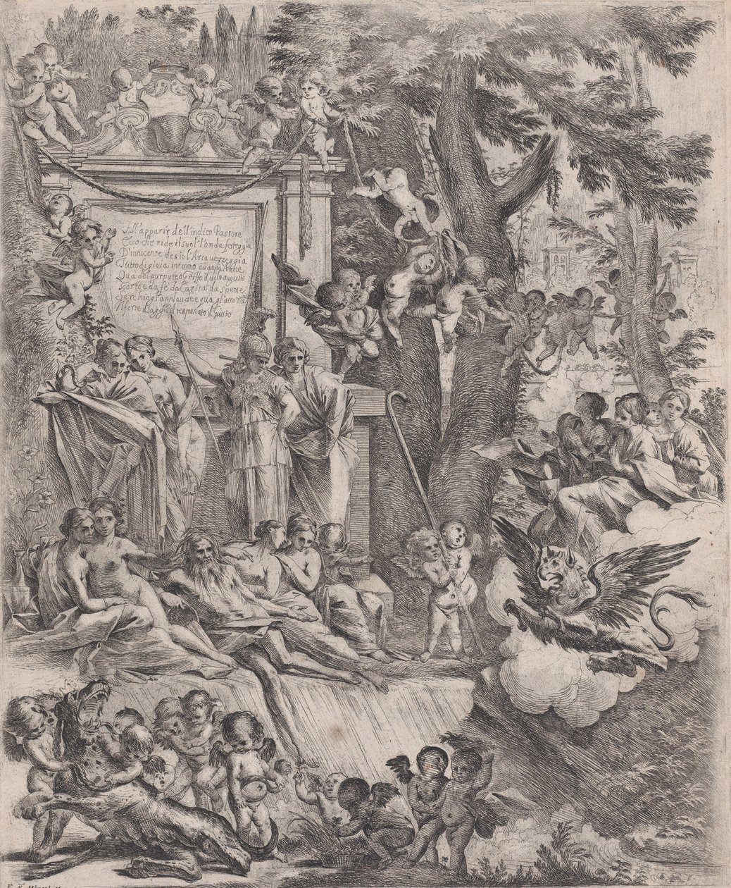 Uma alegoria em homenagem à chegada do Cardeal Franciotti como Bispo de Lucca, 1637. de Pietro Testa