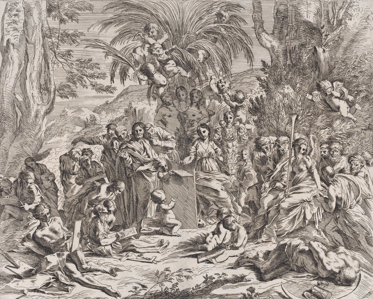 Uma alegoria da pintura, que quando criança no centro-esquerda desenha em uma tabuinha, cercada..., 1637-38. de Pietro Testa