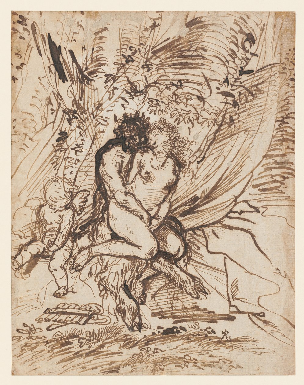 Pan abraçando Vênus assistido por Cupido de Pietro Testa